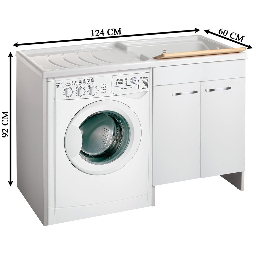 Negrari Classica Lavatoio Coprilavatrice Montato Vasca Destra Lavatrice Sinistra Bianco Ante Battenti Arrotondate Chiusura Rallentata Mobile Nobilitato Idrofugo Lavabo Polipropilene Termoformatura Asse Pino Interno Maniglie Cromo L124 P60 124x60 H92 JV11734