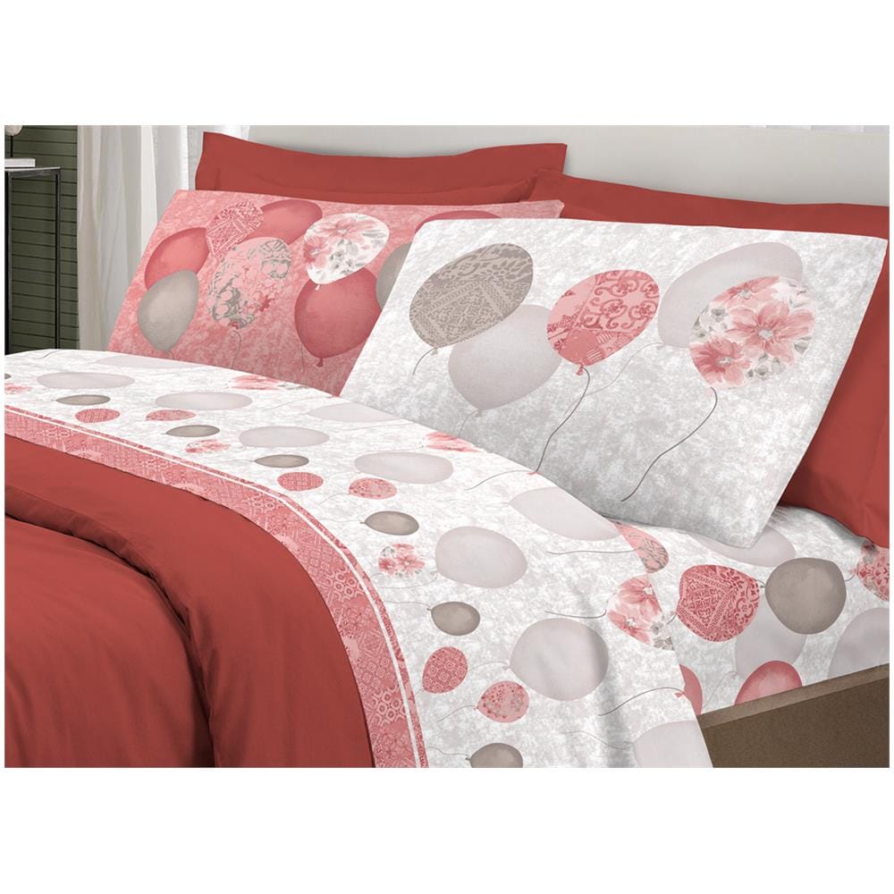 Completo Lenzuola Letto Pensieri Delicati 100% Cotone Dis. Palloncini Piazza E Mezza Rosso - Foto 1