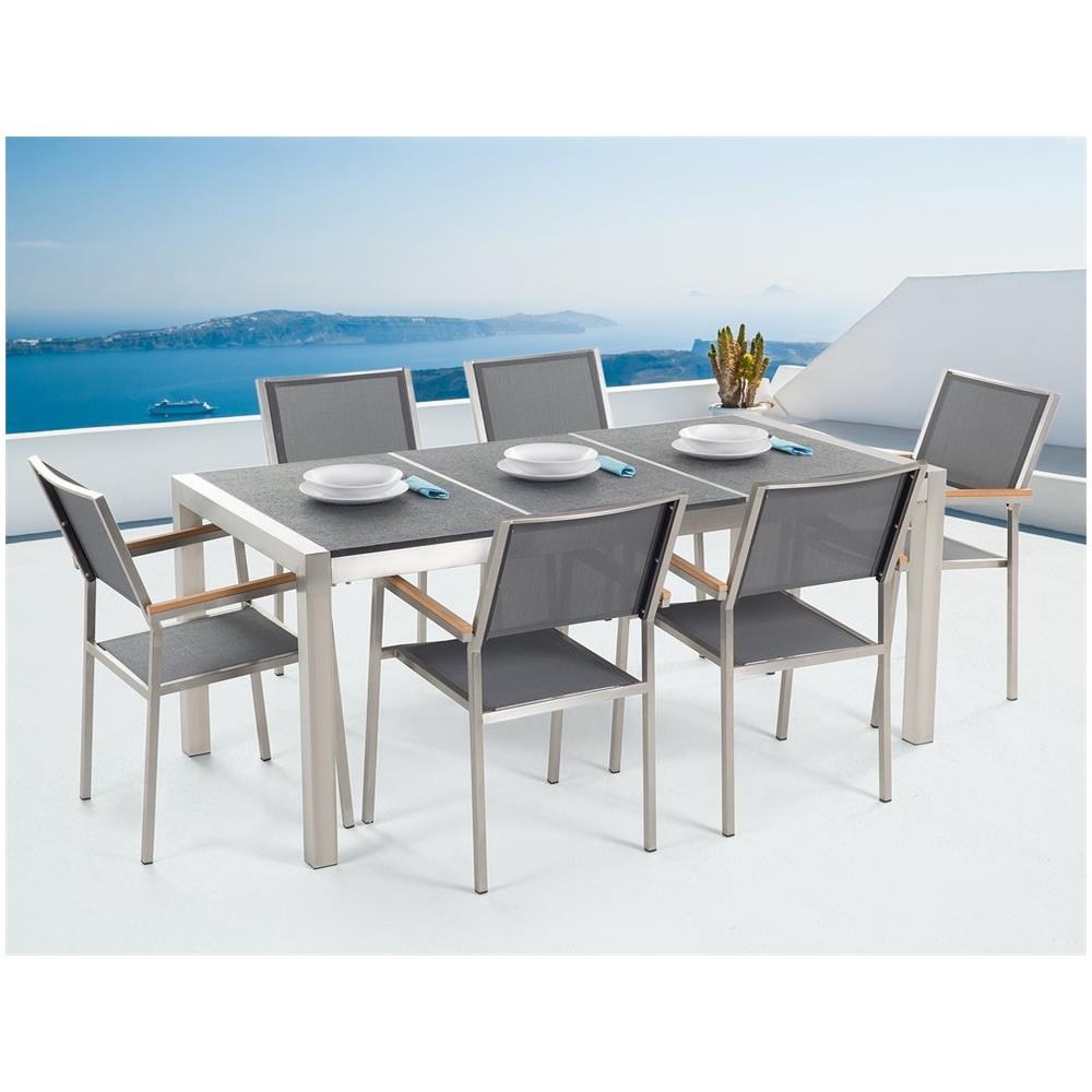 Set Di Tavolo E 6 Sedie Da Giardino In Acciaio, Basalto E Fibra Tessile Grigia - Nero Fiammato - 180cm - Grosseto - Foto 2