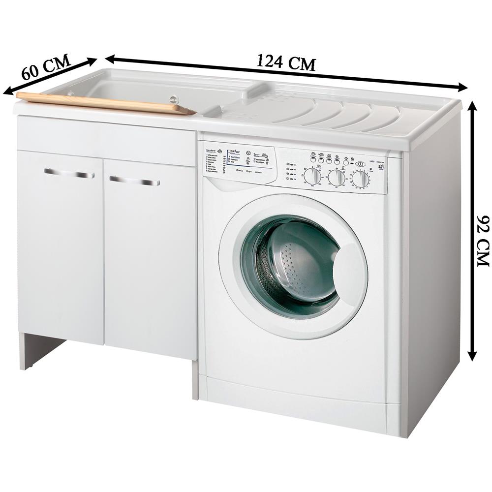 Negrari Classica Lavatoio Coprilavatrice Montato Vasca Sinistra Lavatrice Destra Bianco Ante Battenti Arrotondate Chiusura Rallentata Mobile Nobilitato Idrofugo Lavabo Polipropilene Termoformatura Asse Pino Interno Maniglie Cromo L124 P60 124x60 H92 JV11733
