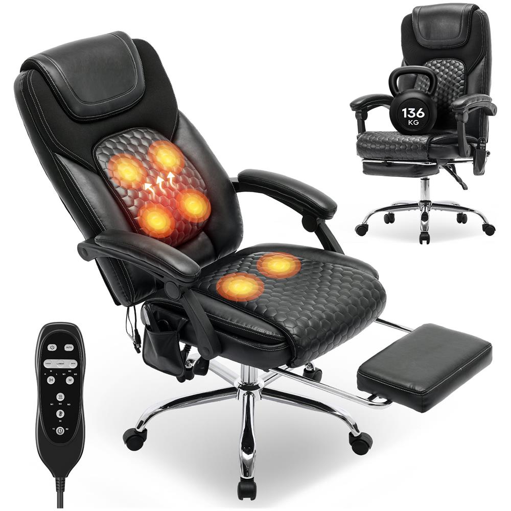 Sedia Da Ufficio, Sedia Ergonomica Massaggiante Con 6 Punti Massaggio E Riscaldamento Lombare A 3 Livelli, Inclinazione Regolabile 94-125° Con Poggipiedi Estraibile, Colore Nero - Foto 1