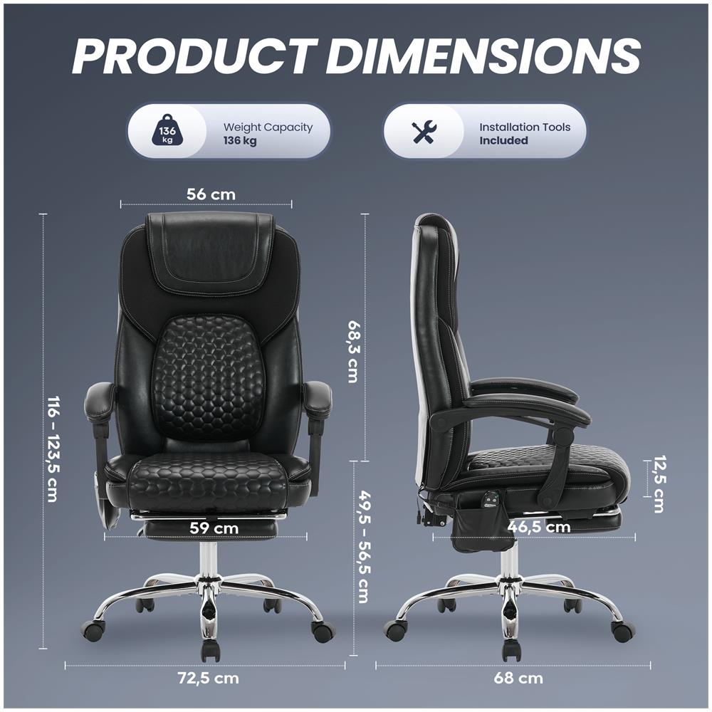 Sedia Da Ufficio, Sedia Ergonomica Massaggiante Con 6 Punti Massaggio E Riscaldamento Lombare A 3 Livelli, Inclinazione Regolabile 94-125° Con Poggipiedi Estraibile, Colore Nero - Foto 2