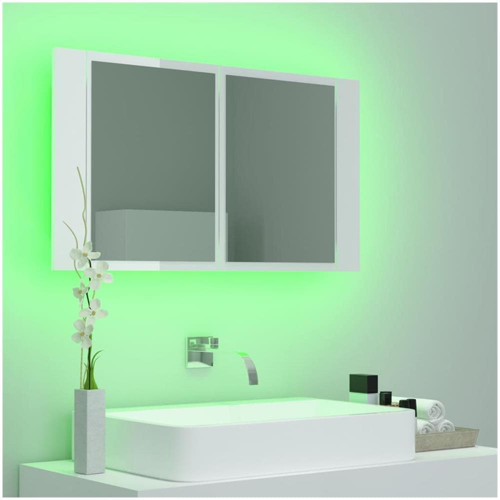 Armadietto a Specchio con Luci LED Bianco Lucido in Acrilico - Foto 2