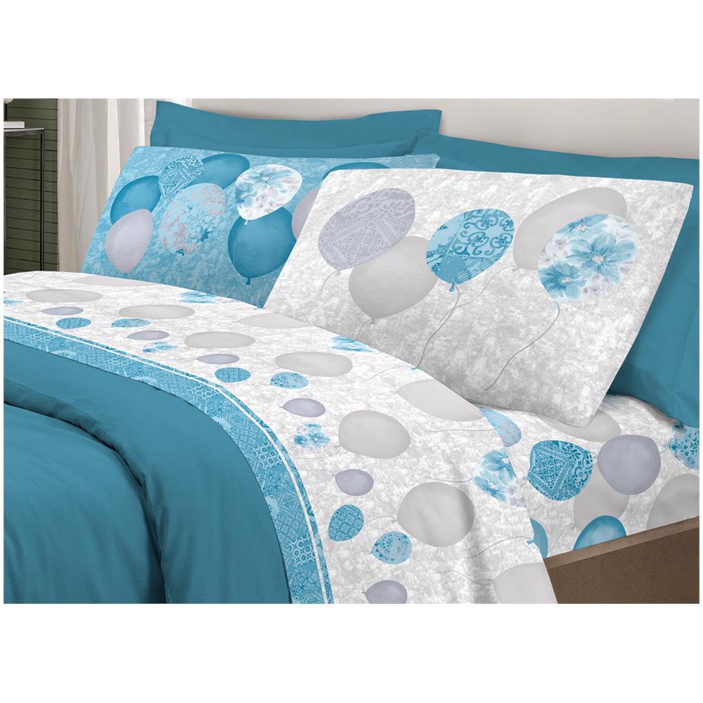 Completo Lenzuola Letto Pensieri Delicati 100% Cotone Dis. Palloncini Piazza E Mezza Azzurro - Foto 1