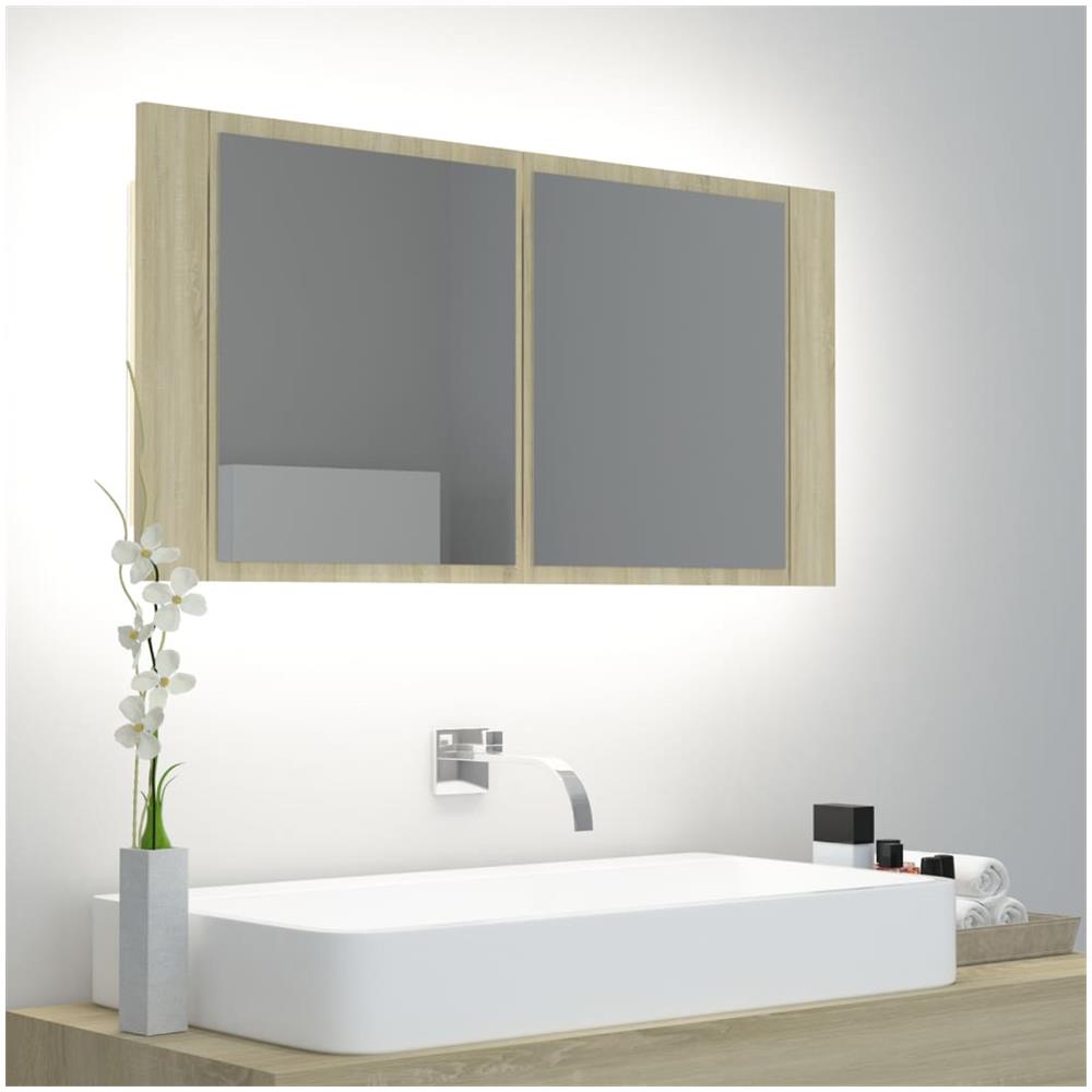 Armadietto a Specchio con Luci LED Rovere Sonoma in Acrilico - Foto 1