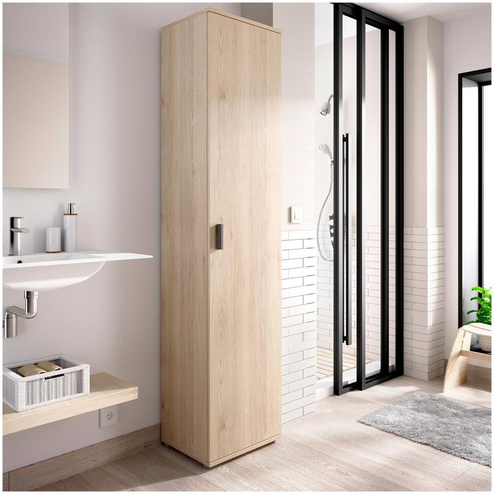 Colonna Bagno Lagalb, Mobile Pensile Bagno, Armadio Alto Multiuso A 1 Anta, 39x35h190 Cm, Rovere - Foto 1