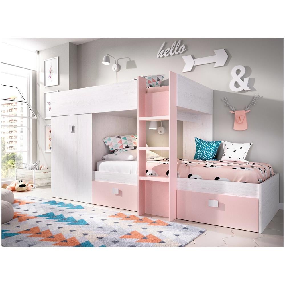 Letto Per Bambini Cevedale, Cameretta Completa Con Armadio E Cassetti, Composizione Letto A Castello Con Due Lettini Singoli, 271x111h150 Cm, Bianco E Rosa - Foto 1