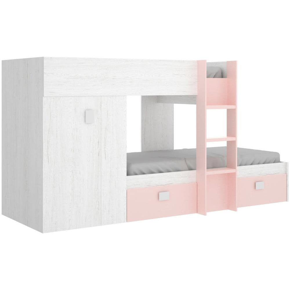 Letto Per Bambini Cevedale, Cameretta Completa Con Armadio E Cassetti, Composizione Letto A Castello Con Due Lettini Singoli, 271x111h150 Cm, Bianco E Rosa - Foto 2