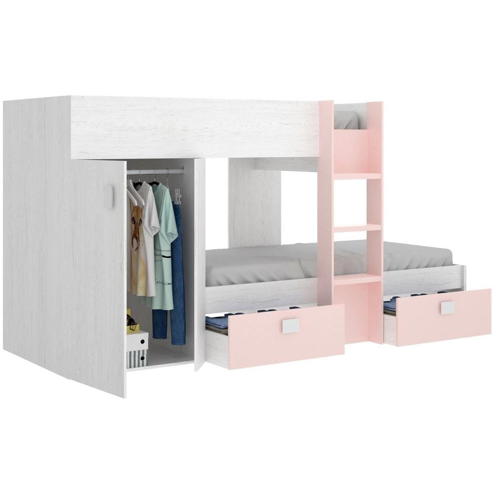 Letto Per Bambini Cevedale, Cameretta Completa Con Armadio E Cassetti, Composizione Letto A Castello Con Due Lettini Singoli, 271x111h150 Cm, Bianco E Rosa - Foto 4