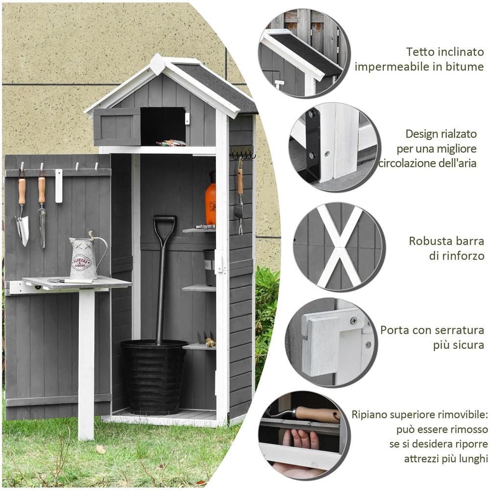 Casetta da Giardino Porta Attrezzi in Abete con Ripiano Rimovibile e Tavolo da Lavoro, 78x52.5x182 cm, Grigia - Foto 6