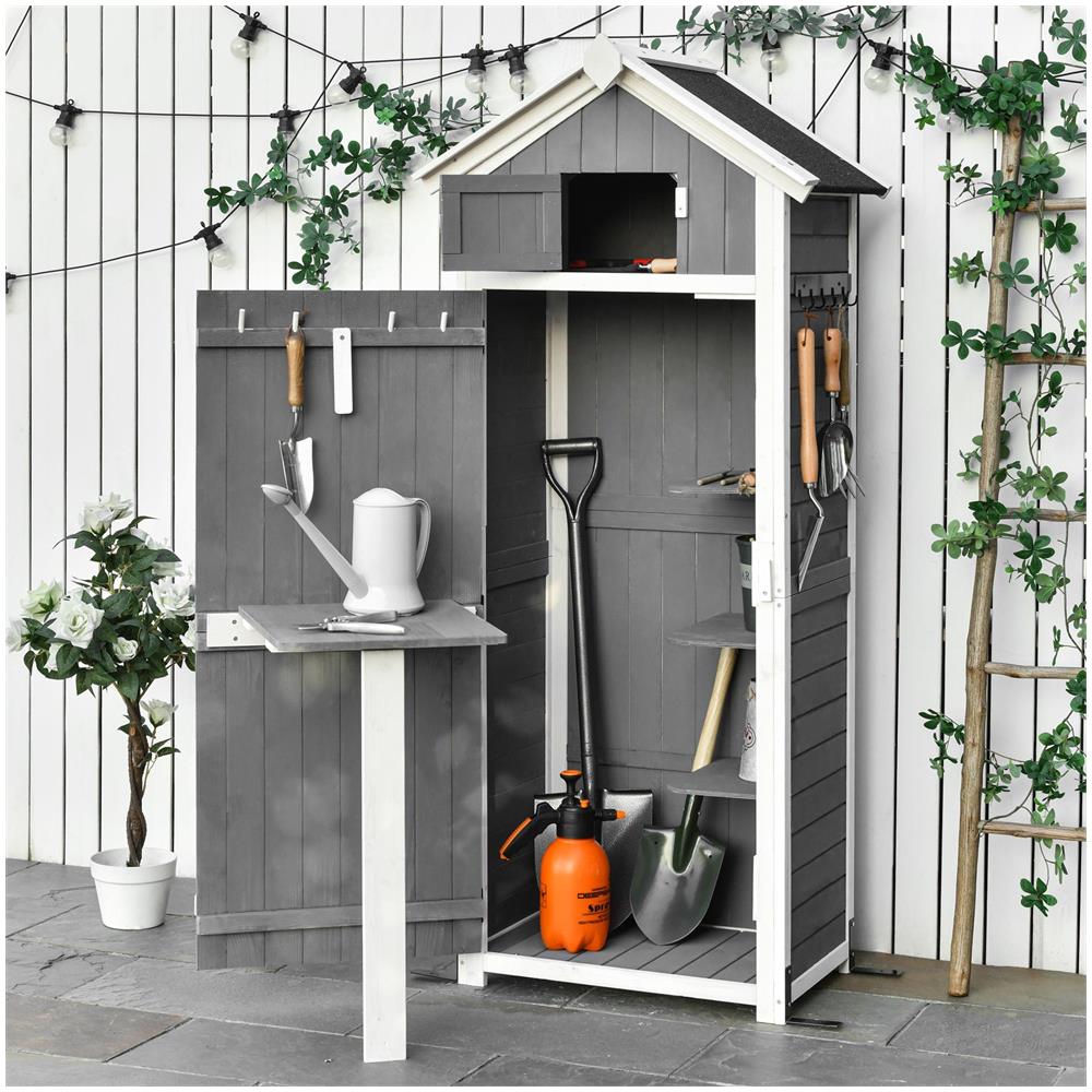 Casetta da Giardino Porta Attrezzi in Abete con Ripiano Rimovibile e Tavolo da Lavoro, 78x52.5x182 cm, Grigia - Foto 2