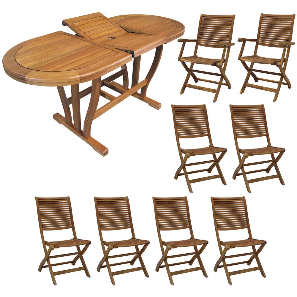 Set Tavolo Giardino Allungabile Ovale 180/240 X 100 Con 6 Sedie E 2 Poltrone In Legno Di Acacia Massiccio Per Esterno - Foto 1