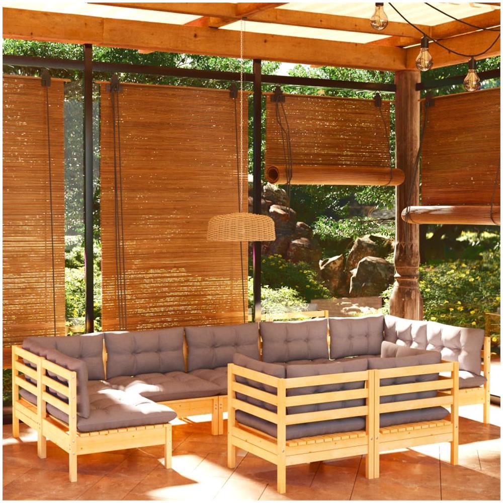 Set Divani Da Giardino 9 Pz Con Cuscini Grigi Massello Di Pino - Foto 1