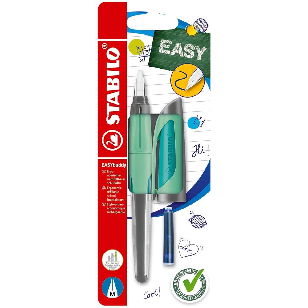 EASYbuddy - Penna Stilografica Ergonomica per Bambini - Verde Menta - Punta Standard - Cartuccia Blu inclusa - Foto 1