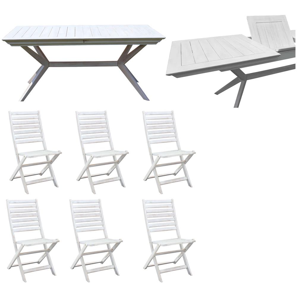 Set Tavolo Giardino Allungabile Rettangolare 150/200 X 90 Con 6 Sedie In Legno Di Acacia Bianco Per Esterno - Foto 1
