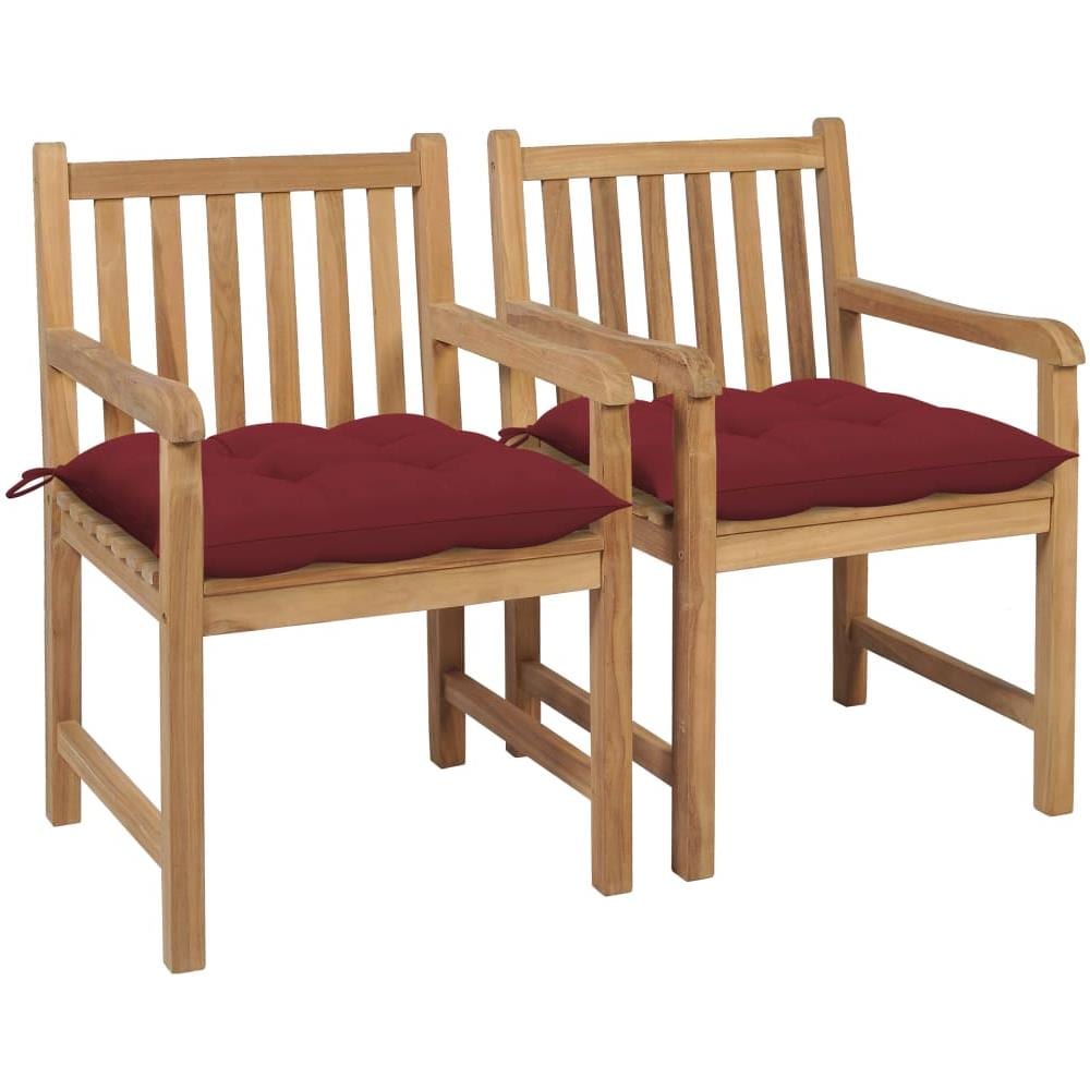 Sedie Da Giardino 2 Pz Con Cuscini Rosso Vino In Massello Teak - Foto 1