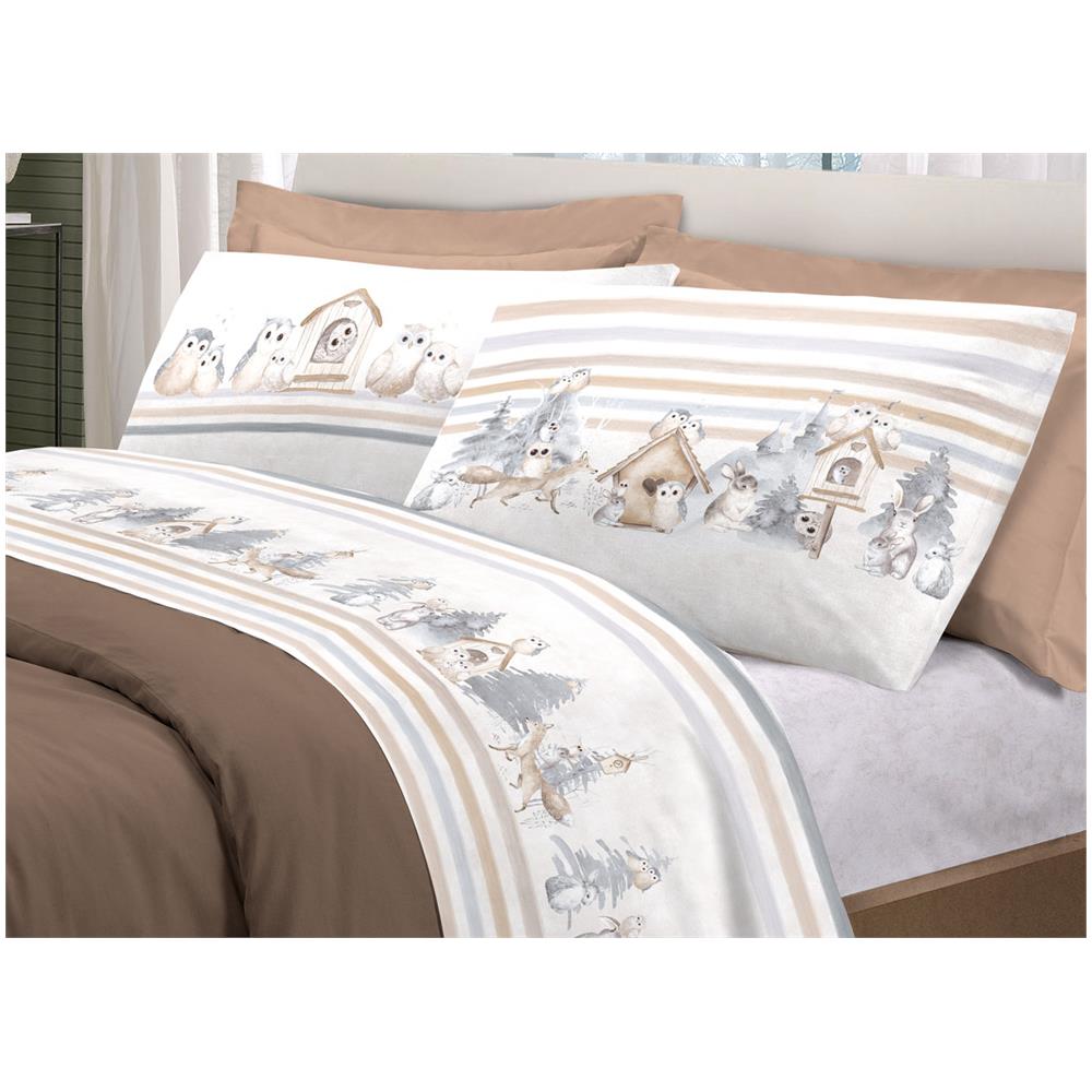 Completo Lenzuola Letto Pensieri Delicati 100% Cotone Disegno Gufi Singolo Beige - Foto 1
