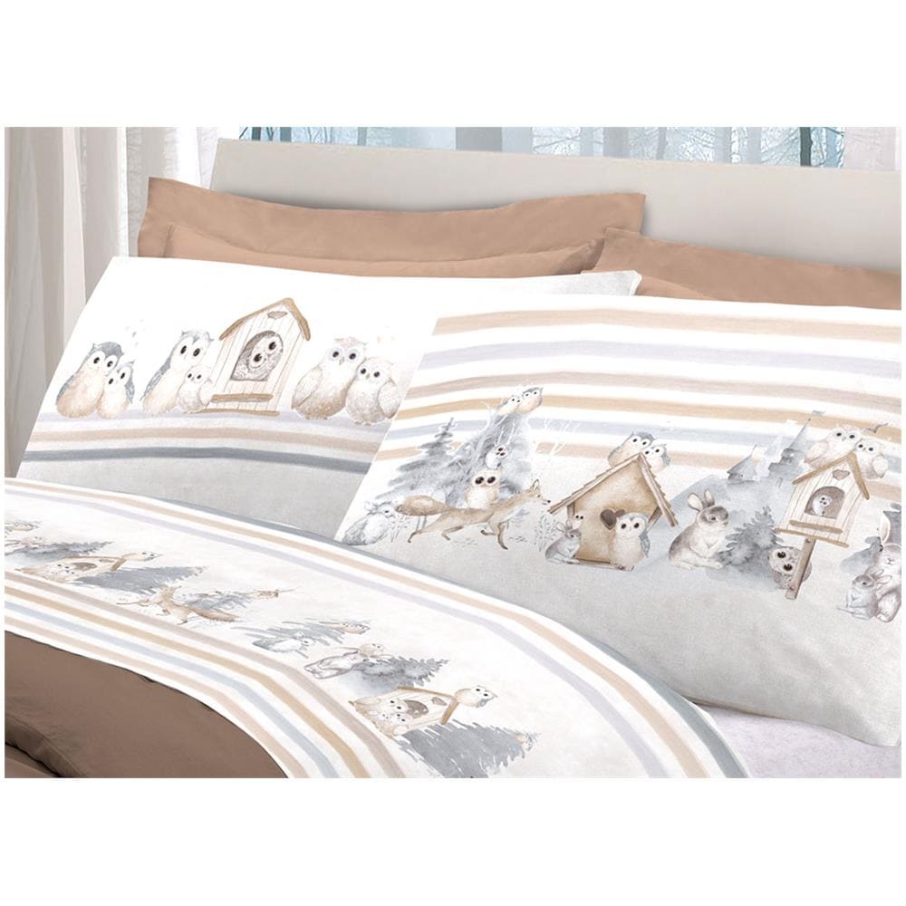Completo Lenzuola Letto Pensieri Delicati 100% Cotone Disegno Gufi Singolo Beige - Foto 6