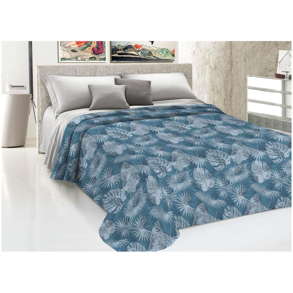 Copriletto Piquet Primavera Estate 100% Cotone Disegno Tropical Felce Singolo Ottanio - Foto 1