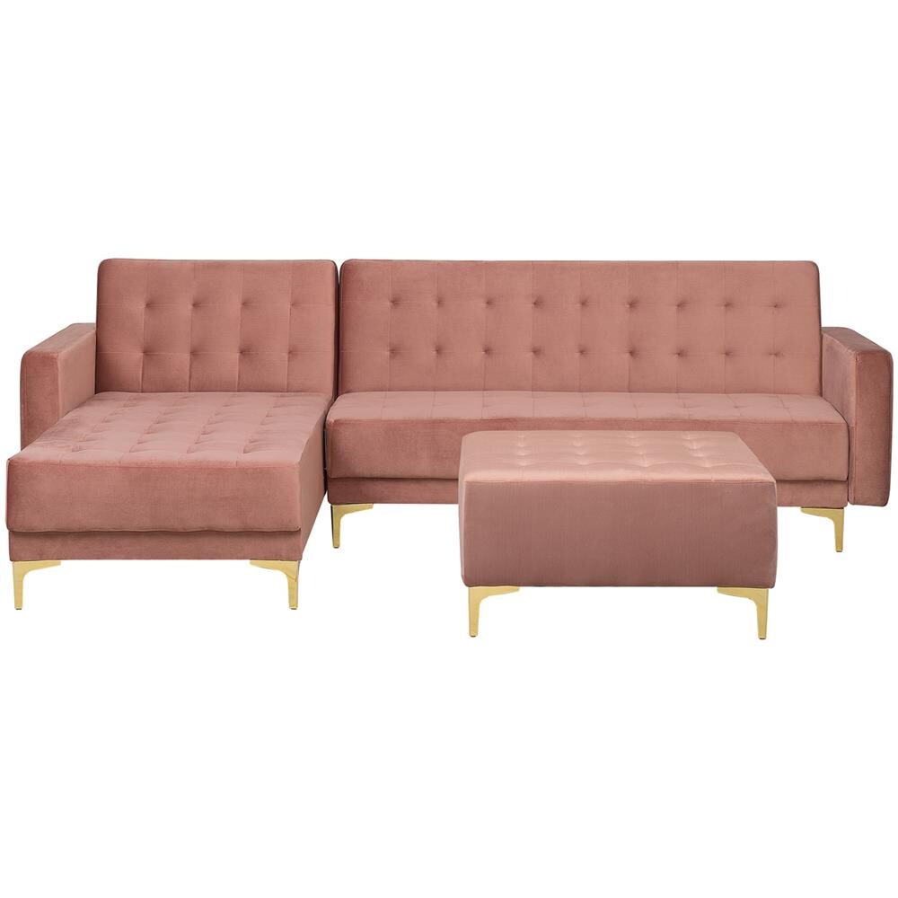 Divano Angolare Con Ottomana Aberdeen Rosa Velluto Destra - Foto 1