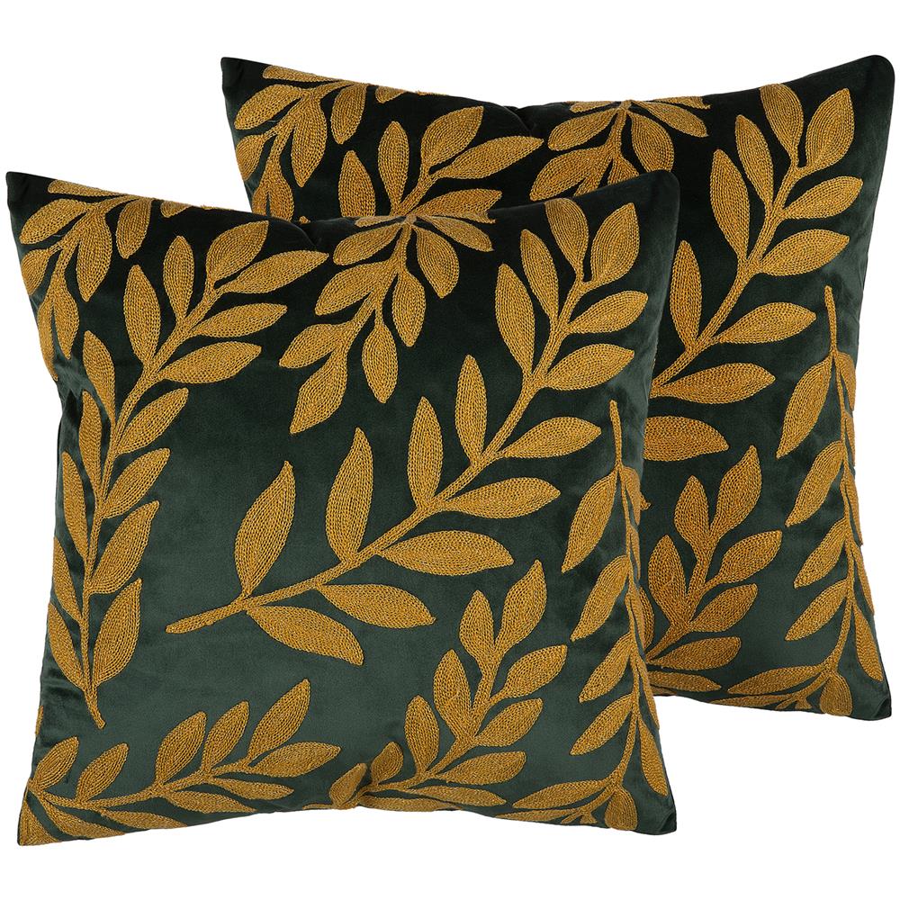 Set Di 2 Cuscini Decorativi In Velluto Motivo A Foglie 45x45cm Verde Smeraldo Mistletoe - Foto 1