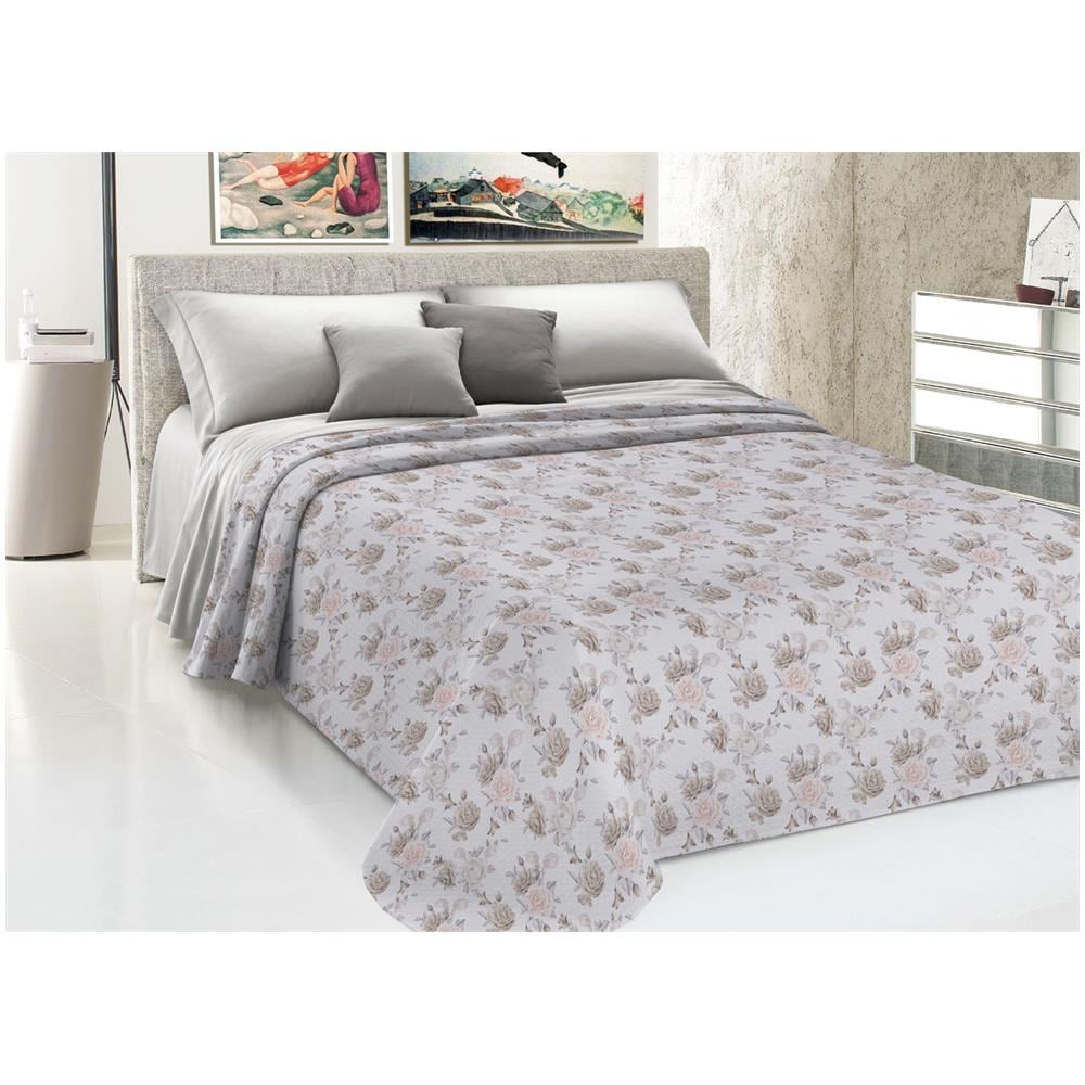Copriletto Piquet Primavera Estate 100% Cotone Disegno Rosa Grande Floreale Matrimoniale Beige - Foto 1