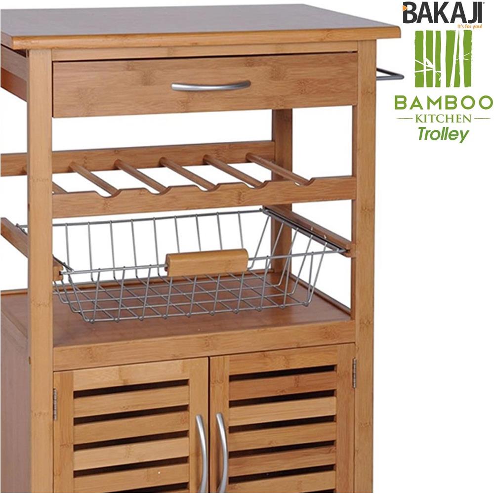 Carrello Cucina In Legno Bambu Con Portabottiglie Cassetto Posate Cesto Acciaio - Foto 2