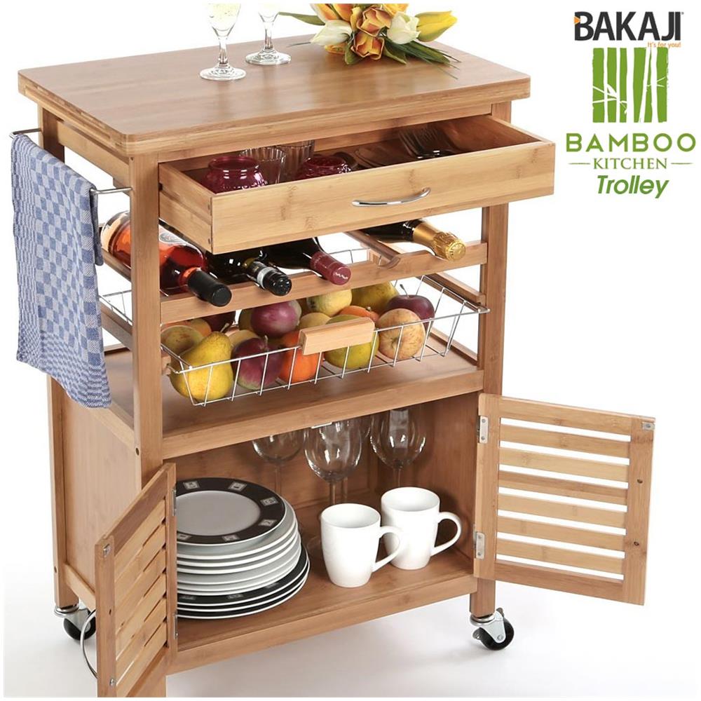 Carrello Cucina In Legno Bambu Con Portabottiglie Cassetto Posate Cesto Acciaio - Foto 1