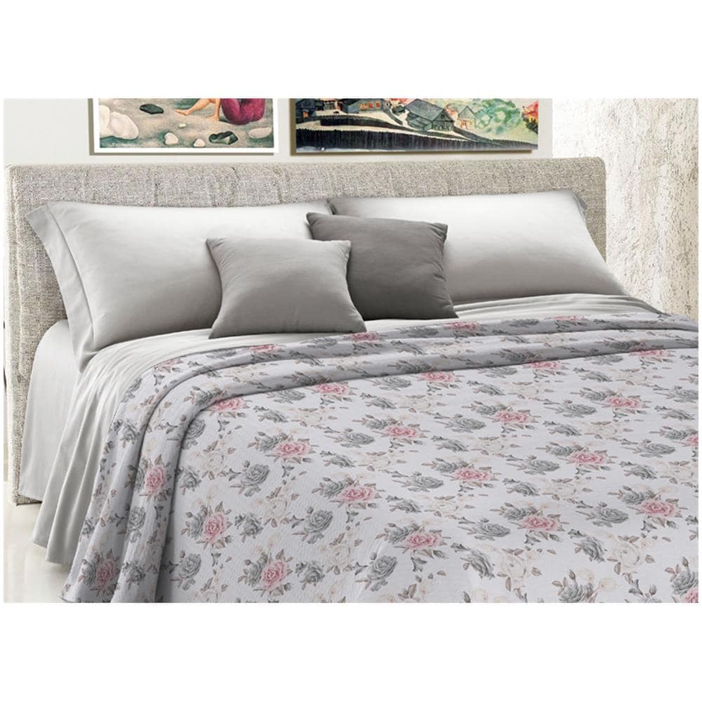 Copriletto Piquet Primavera Estate 100% Cotone Disegno Rosa Grande Floreale Singolo Grigio - Foto 2