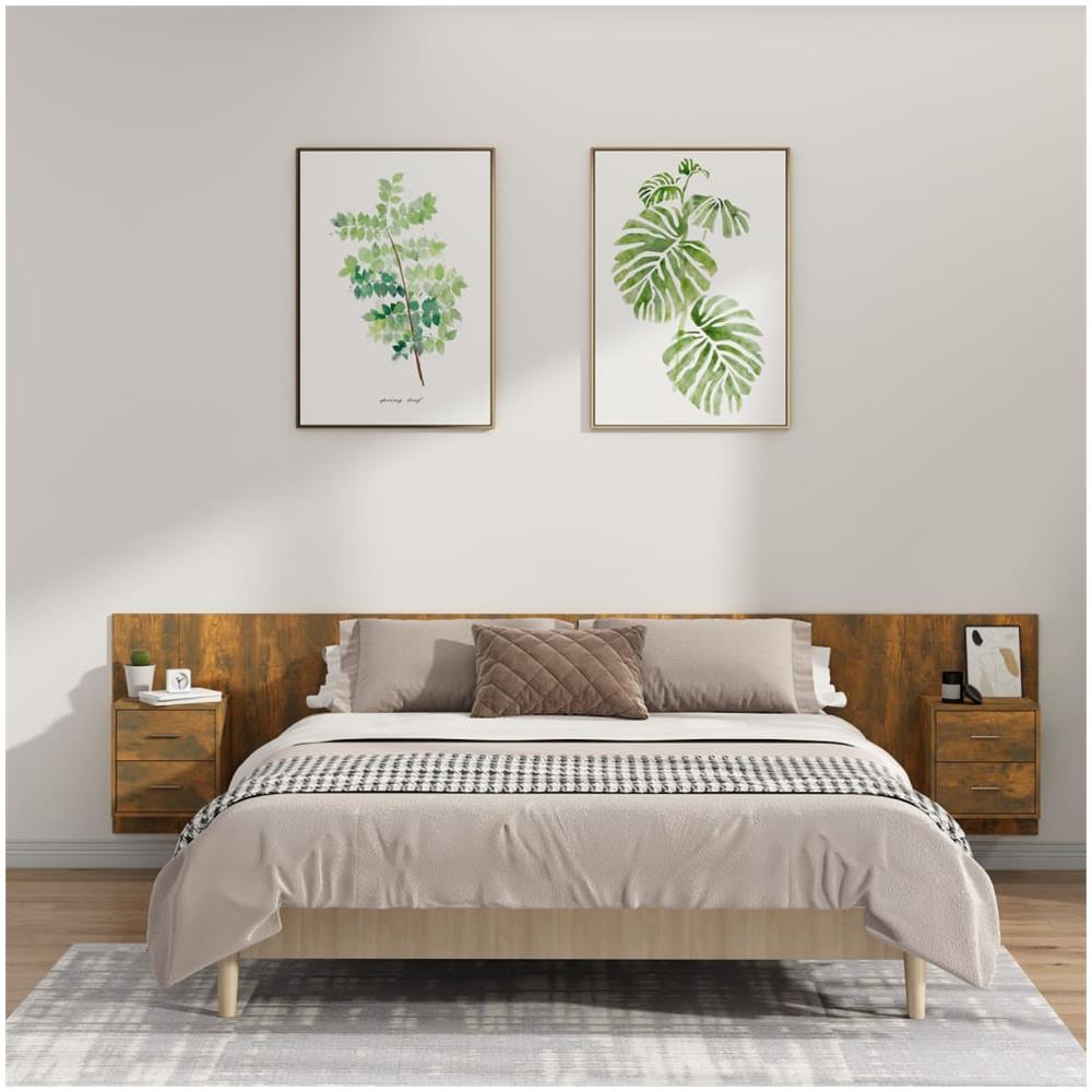Testiera Letto Con Comodini In Legno Multistrato Rovere Fumo - Foto 1