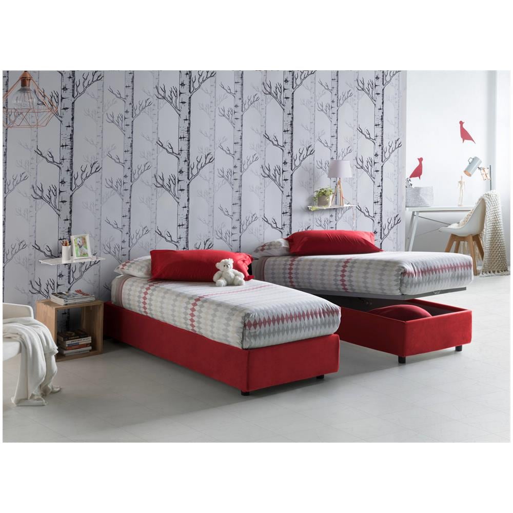 Letto Singolo Sophia, Letto Contenitore Con Rivestimento In Tessuto, 100% Made In Italy, Apertura Frontale, Con Materasso Cm 90x190 Incluso, Rosso - Foto 1