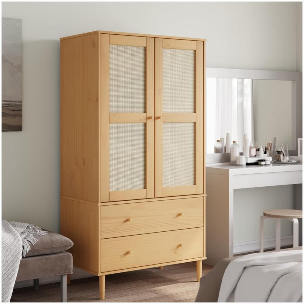 Armadio Senja Aspetto Rattan Marrone 90x55x175 Cm Massello Pino - Foto 1