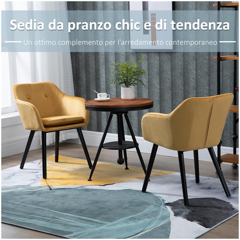 Set di 2 Sedie per Sala da Pranzo con Braccioli Imbottite e in Velluto, 54x56x74cm, Giallo - Foto 6