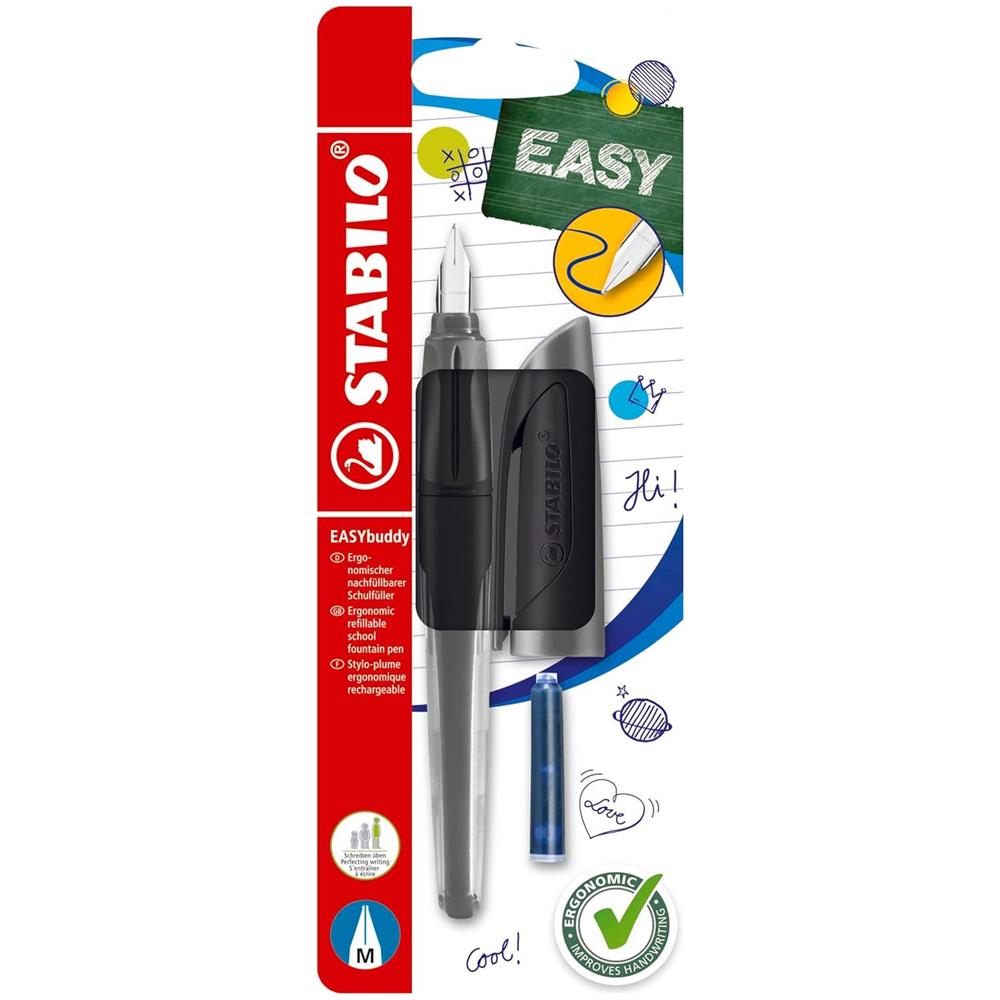 EASYbuddy - Penna Stilografica Ergonomica per Bambini - Twilight Sky - Nero /Nero - Punta Standard - Cartuccia Blu inclusa - Foto 1
