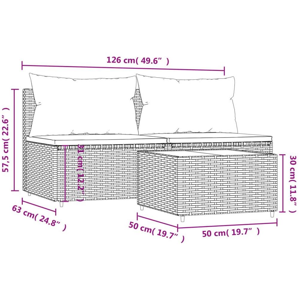 Set Mobili da Giardino 3 pz con Cuscini in Polyrattan Marrone - Foto 9
