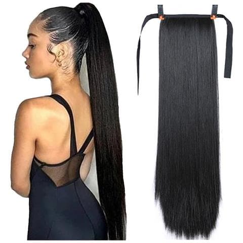Image of Capelli Long Dritti Parrucca Ad Alta Temperatura Estensione Dei Capelli Coda Di Cavallo Da Donna Legatura Lunghe Coda Di Cavallo Trapunta Intrecciata, Jiujiuso Nero
