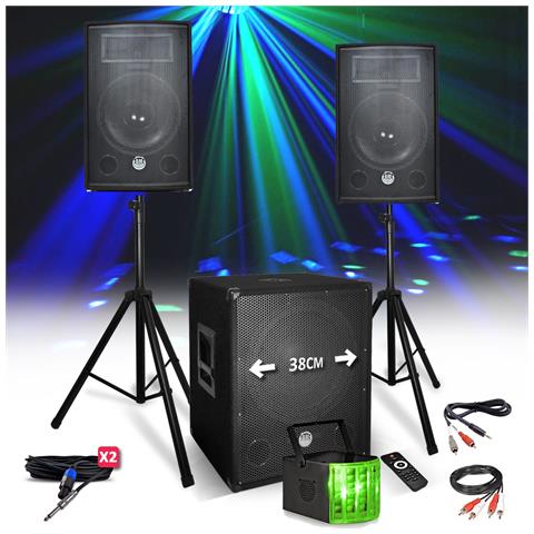 BM Sonic Kit Pack Sono 1512 2200w Altoparlanti Subwoofer + Usb / Bluetooth + Piedi + Light Derby