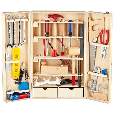 Image of Cassetta Degli Attrezzi Deluxe 50 Pezzi Set Di Strumenti In Una Scatola Di Legno Attrezzi Da Lavoro Set Di Attrezzi Artigianali Per Principianti Giocattolo Di Legno Kit Di Attrezzi Portatile
