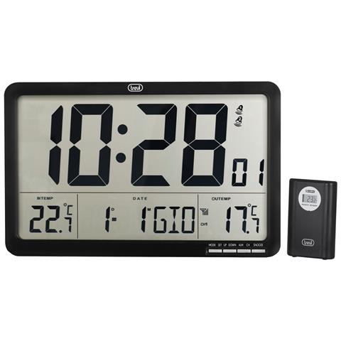 TREVI Orologio Digitale OM 3560 RC da Parete Schermo LCD Sensori Temperatura Calendario Multilingue Sveglia Colore Nero