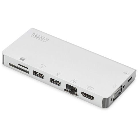 DIGITUS Docking Station da Viaggio Universale a 8 Porte USB-C 3.2 / 1x HDMI / VGA Colore Argento