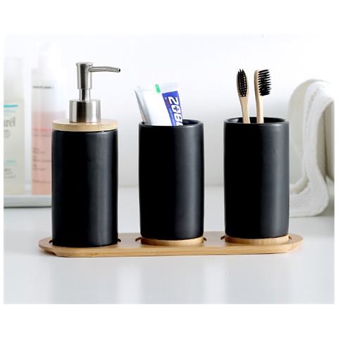 HTN Bicchieri Da Bagno In Ceramica Di Bambù Bicchiere Per Lavarsi I Denti Contenitore Per Emulsioni Da Bagno Stoviglie Da Cucina Contenitore Per Detersivo Per Piatti | portasapone (nero) 