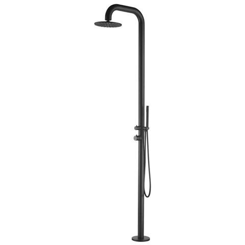 Image of Doccia Per Piscina Pula Nera Con Soffione Diametro 25 Cm Doccia Da Giardino Con Miscelatore E Doccetta A Mano Corpo E Accessori In Acciaio Inox Marino Aisi 316l. Doccia Con Alimentazione Acqua Calda E Fredda Attacchi A Scomparsa Nella Base