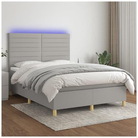Letto A Molle Materasso E Led Grigio Chiaro 140x200 Cm Tessuto