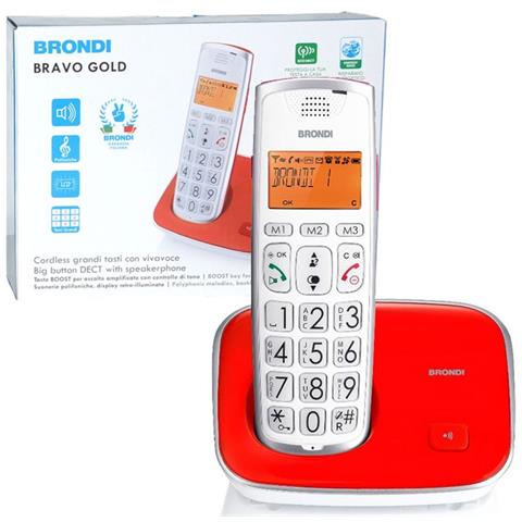 BRONDI Telefono Dect Bravo Gold 2 Cordless con Identificatore di Chiamata e Vivavoce Colore Rosso / Bianco
