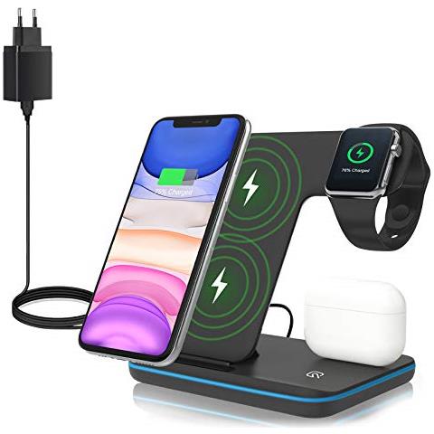ZHIKE Caricatore Wireless, Stazione Di Ricarica Rapida Qi 15w 3 In 1 Con Adattatore Qc3.0 Per Apple Iwatch 5/4/3/2/1, Airpods, Compatibile Con Iphone Se 2020/11 / Xs Max / xr / x / samsung