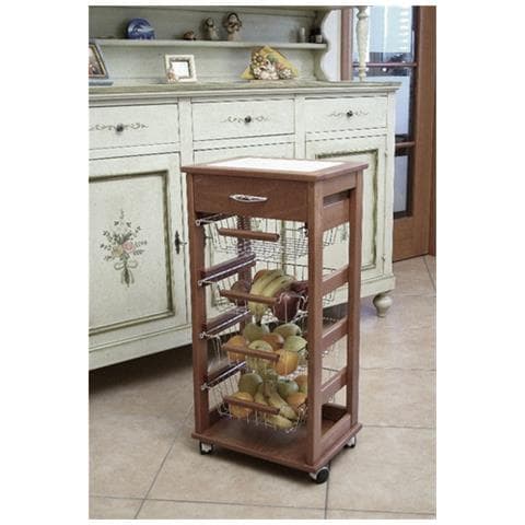 Carrello Portafrutta Vesuvio In Legno Ciliegio - Salvaspazio, Con Cassetto, 84x29x39cm