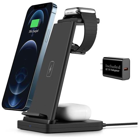 INLAW 3 In 1 Caricabatterie Wireless Dock Della Stazione Di Ricarica Per Apple Watch 6 5 4 3 2, Airpods Pro, Iphone 11/11 Pro / X / Xr / Xs / 8 Plus, Telefoni Certificati Qi, (nero) 