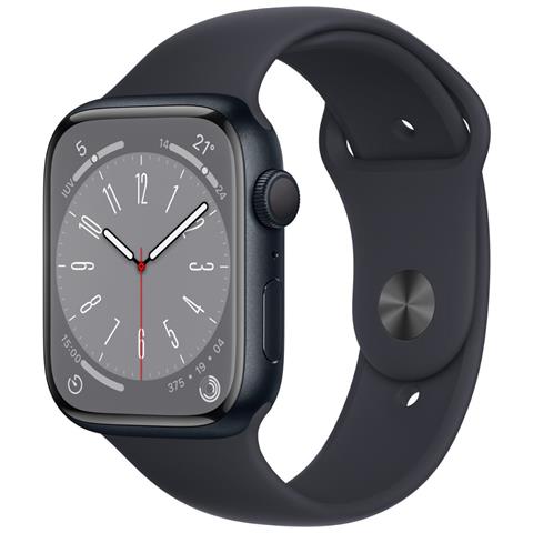 APPLE Watch Series 8 45mm Impermeabile 5ATM GPS 32GB WiFi / Bluetooth con Cassa in Alluminio e Cinturino Sport Mezzanotte