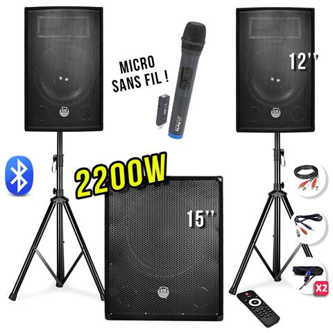 BM Sonic 2200 W Pa Pack - 12 ""altoparlanti + 15"" Piedistallo + Piedini + Microfono Uhf - Usb / Bluetooth + Cavi