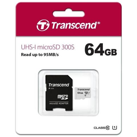 TRANSCEND 64GB microSDXC 300S Scheda di Memoria con Adattatore, TS64GUSD300S-A